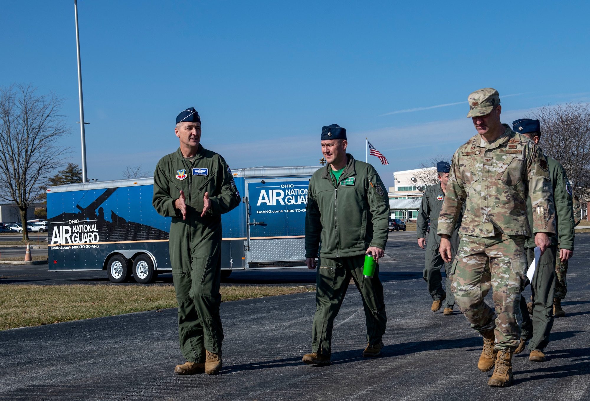 U.S. Air Force Lt. Gen. Steven S. Nordhaus, Continental U.S. NORAD Region commander, speaks with Col. Chad Holesko, commander of the Ohio National Guard’s 180th Fighter Wing and Lt. Col. Curtis Voltz, the 180FW operations group commander, during a visit to the 180FW in Swanton, Ohio, Feb. 1, 2024. Nordhaus, who commanded the 180FW from 2011 to 2013, received a tour of the wing's facilities and discussed the 180FW's role as an Aerospace Control Alert-trained unit during his visit.  (U.S. Air National Guard photo by Airman 1st Class Nicholas Battani)