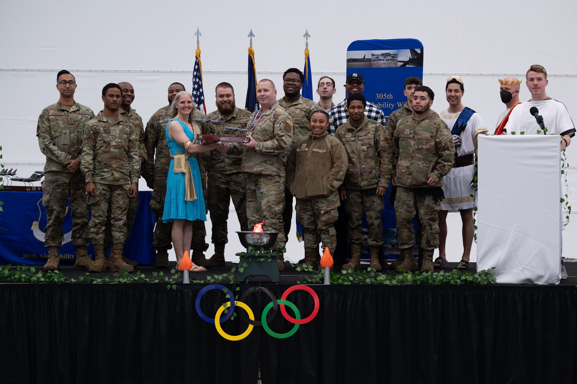 305th Air Mobility Wing leadership poses for a photo with award winners during the wing’s Annual Awards Ceremony at Joint Base McGuire-Dix-Lakehurst, N.J., Feb. 23, 2024. Award recipients were recognized for their exceptional performances throughout 2023. (U.S. Air Force photo by Staff Sgt. Monica Roybal)