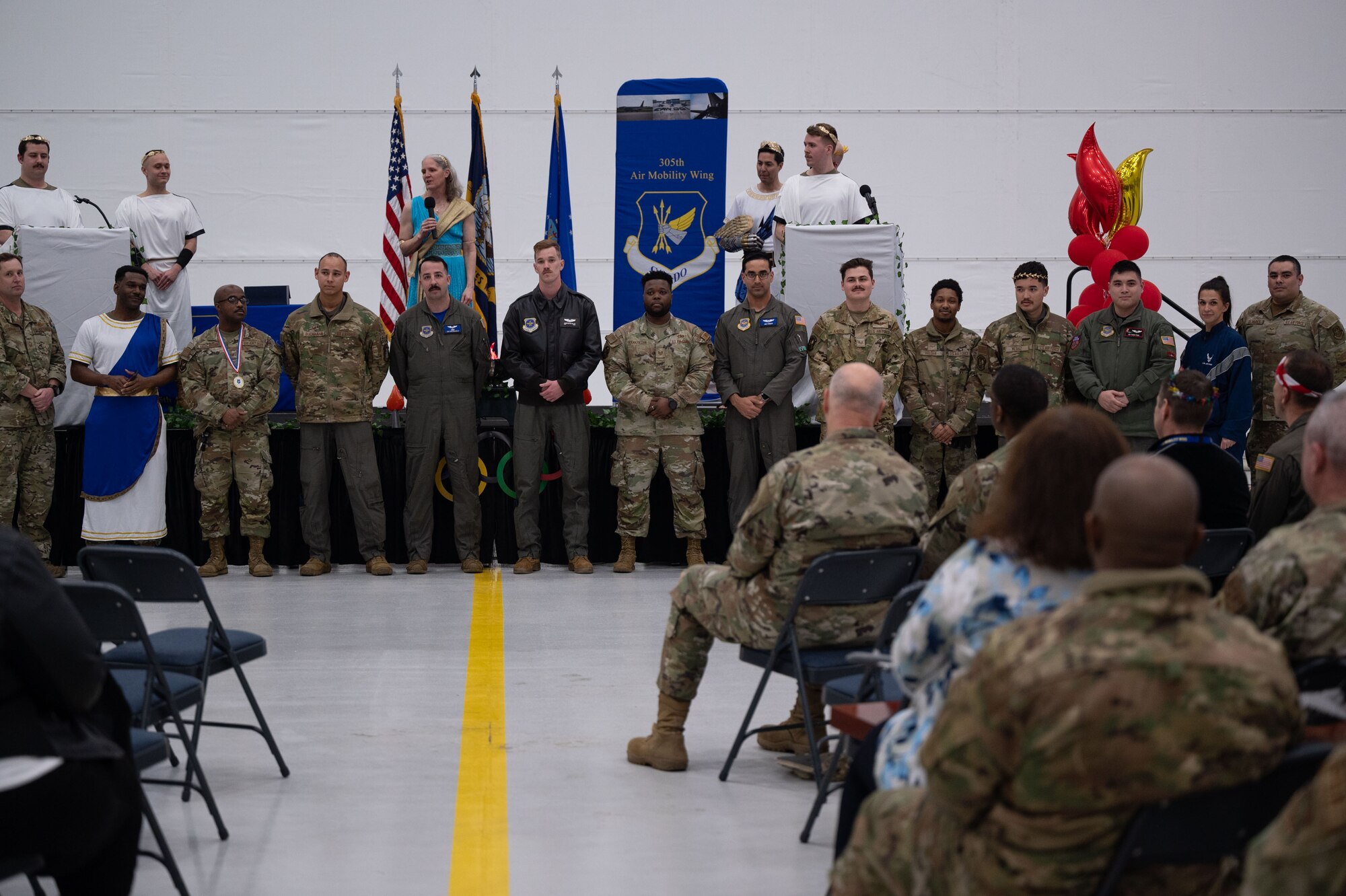 U.S. Air Force Col. Elizabeth Hanson, 305th Air Mobility Wing commander, makes closing remarks during the wing’s Annual Awards Ceremony at Joint Base McGuire-Dix-Lakehurst, N.J., Feb. 23, 2024. Award recipients were recognized for their exceptional performances throughout 2023. (U.S. Air Force photo by Staff Sgt. Monica Roybal)