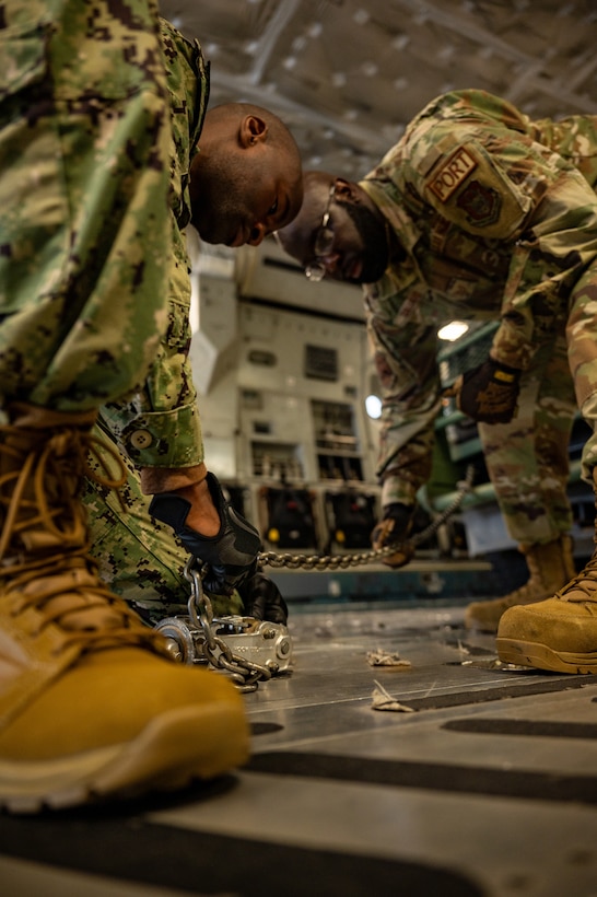 Reserve Citizen Airmen exercise joint skills with the U.S. Navy and Reserve wingman during a Unit Training Assembly March 1, 2024, at Joint Base Charleston, South Carolina.

Airmen from the 315th Airlift Wing, Joint Base Charleston,  joined forces with the Navy Cargo Handling Battalion-11, at Joint Base Charleston, and the 77th Air Refueling Squadron’s KC-46 Pegasus aircrew, from Seymour Johnson Air Force Base, North Carolina, to exercise aerial logistics skills from load-planning the new aircraft to processing sister-service equipment for rapid deployment capability.