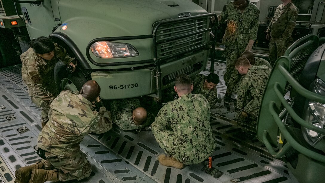 Reserve Citizen Airmen exercise joint skills with the U.S. Navy and Reserve wingman during a Unit Training Assembly March 1, 2024, at Joint Base Charleston, South Carolina.

Airmen from the 315 Airlift Wing, Joint Base Charleston,  joined forces with the Navy Cargo Handling Battalion-11, at Joint Base Charleston, and the 77th Air Refueling Squadron’s KC-46 Pegasus aircrew, from Seymour Johnson Air Force Base, North Carolina, to exercise aerial logistics skills from load-planning the new aircraft to processing sister-service equipment for rapid deployment capability.