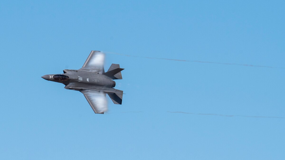 An F-35A Lightning II aircraft takes off from the flightline during the Heritage Flight Training Course at Davis-Monthan Air Force Base, Ariz., March 1, 2024. The F-35A Lightning II Demonstration Team was part of the first operational F-35A wing for the Air Force, the 388th Fighter Wing and flew capability demonstrations at air shows around the world. (U.S. Air Force photo by Airman 1st Class William Finn)