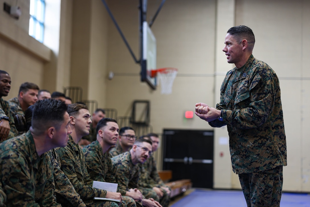 U.S. Marine Corps Sgt. Maj. Carlos Ruiz, the sergeant major of the Marine Corps, speaks with staff noncommissioned officers with 5th Marine Regiment, 1st Marine Division, at Marine Corps Base Camp Pendleton, California, Feb. 6, 2024. During his visit, Ruiz met with SNCOs from 5th Marines to discuss different aspects of improving quality of life. Ruiz regularly engages with Marines across the Corps to gain deeper insights and understanding, leveraging his experience from over 30 years of service, including combat tours, drill instructor duty, and recruiter roles. (U.S. Marine Corps photo by Cpl. Juan Torres)