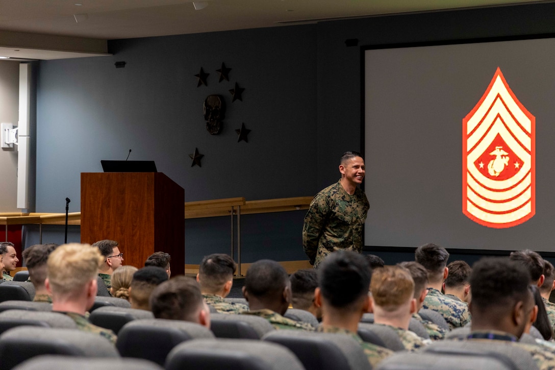 Sergeant Major of the Marine Corps Carlos A. Ruiz hosts a town hall with junior Marines from Marine Forces Special Operations Command at Camp Lejeune, North Carolina, Feb. 21, 2024. Ruiz toured MARSOC to learn more about its mission and capabilities and took time to meet with enlisted Marines to discuss his plans for improving quality of life across the Corps.  (U.S. Marine Corps photo by Cpl. Henry Rodriguez)