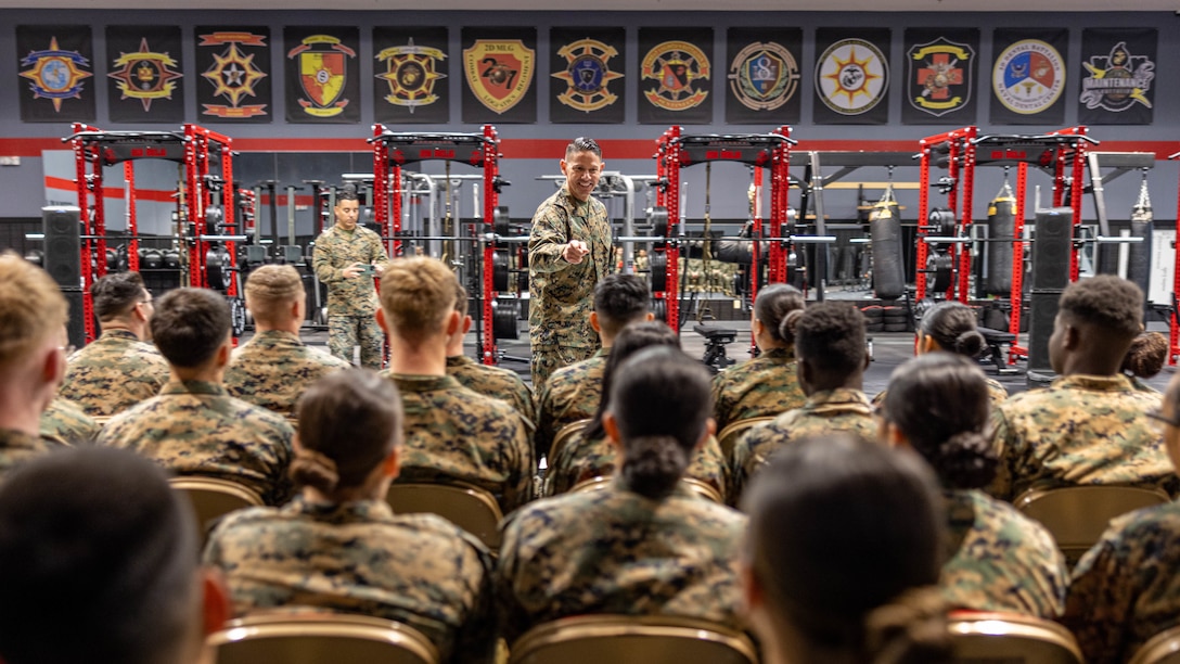 The 20th Sergeant Major of the Marine Corps, U.S. Marine Corps Sgt. Maj. Carlos Ruiz, speaks with Marines from the 2nd Marine Logistics Group during a Lance Corporal town hall on Camp Lejeune, North Carolina, Feb. 22, 2024. Sgt. Maj. Ruiz conducted a lance corporal town hall at 2nd MLG’s Human Performance Center where he spoke to Marines about the importance of noncommissioned officer leadership and the life of the individual Marine. (U.S. Marine Corps photo by Cpl. Alfonso Livrieri)