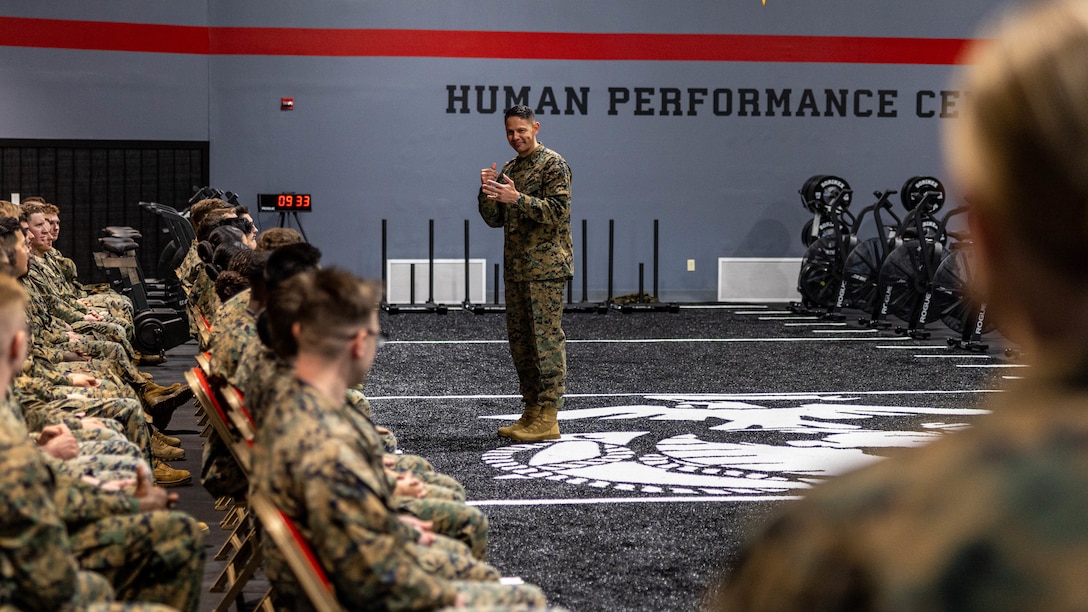 The 20th Sergeant Major of the Marine Corps, Carlos Ruiz, speaks with Marines from the 2nd Marine Logistics Group during a Lance Corporal town hall on Camp Lejeune, North Carolina, Feb. 22, 2024. Sgt. Maj. Ruiz conducted a lance corporal town hall at 2nd MLG’s Human Performance Center where he spoke to Marines about the importance of noncommissioned officer leadership and the life of the individual Marine. (U.S. Marine Corps photo by Cpl. Alfonso Livrieri)