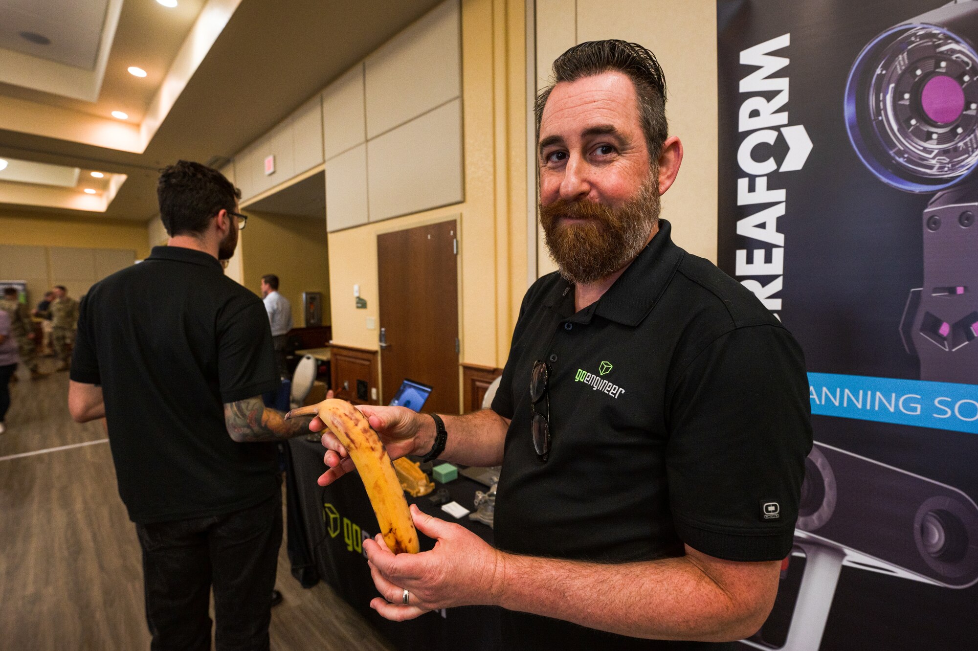 Keesler Tech Expo vendor displays a three dimensional print of a banana on Keesler Air Force Base, Mississippi, Feb. 28, 2024.