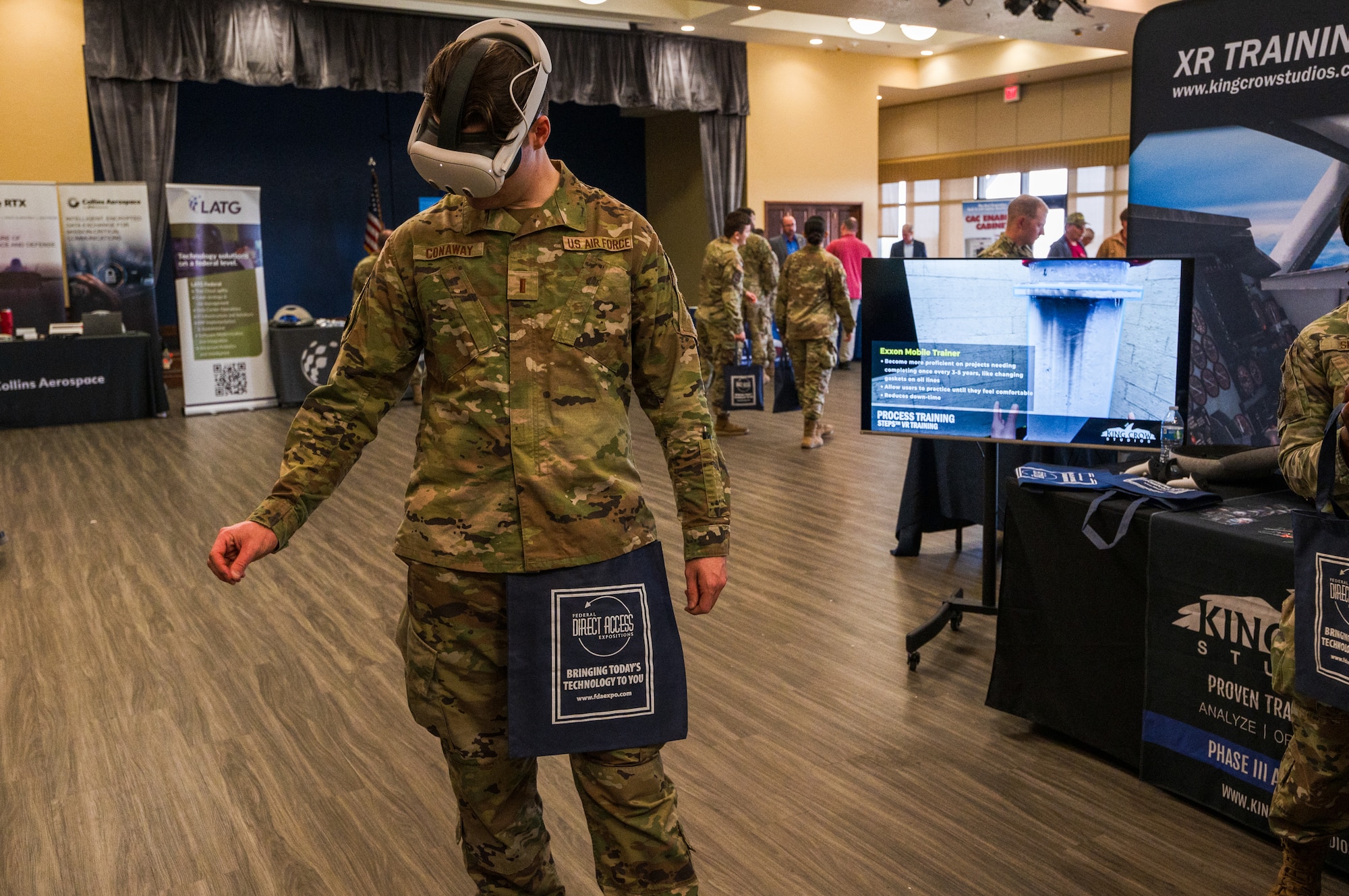 U.S. Air Force Airman uses augmented reality device at the annual Keesler Tech Expo on Keesler Air Force Base, Mississippi, Feb. 28, 2024.
