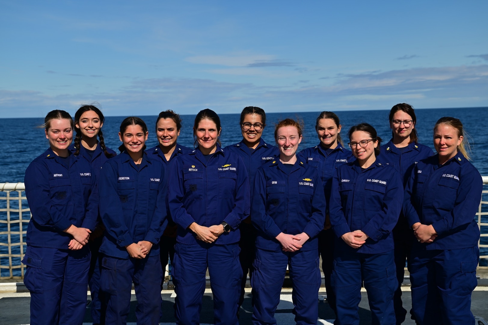 The female command and crew of U.S. Coast Guard Cutter Forward (WMEC 911) pose for a group photo underway in the Atlantic Ocean, Aug. 26, 2023. Forward is a 270-foot, Famous-class medium endurance cutter. The cutter’s primary missions are counter drug operations, migrant interdiction, enforcement of federal fishery laws and search and rescue in support of U.S. Coast Guard operations throughout the Western Hemisphere. (U.S. Coast Guard photo by Petty Officer 3rd Class Mikaela McGee)