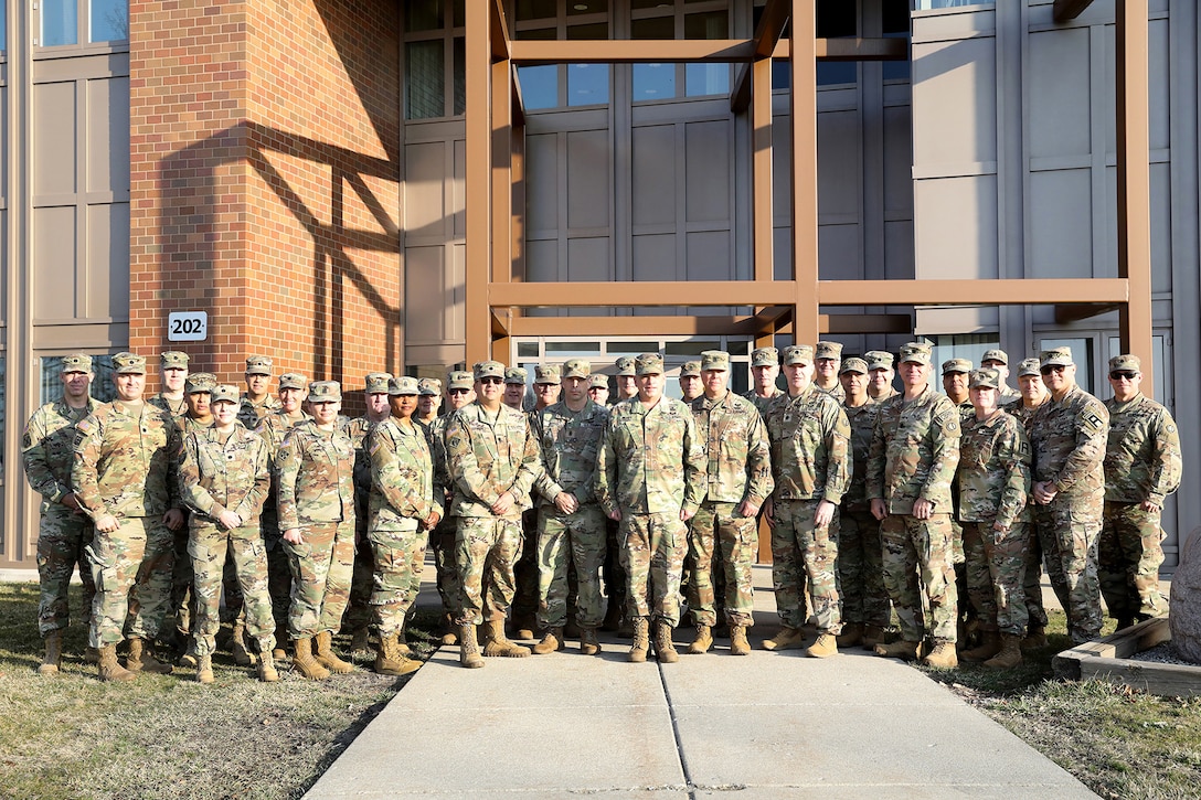 Battalion command teams, from across the 85th U.S. Army Reserve Support Command, pause for a photo during the 85th USARSC three-day BN CMD Teams Training event in Arlington Heights, Illinois, March 3, 2024, to learn about the budgeting process, mobilization and other key issues across the command.