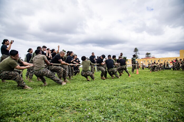 U.S. Marines with Headquarters and Service Battalion, participate in the tug-of-war event as part of the Atlas Games at Marine Corps Recruit Depot San Diego, California, Feb. 29, 2024. The Atlas Games is an annual battalion field meet that incorporates leadership skills and teamwork to enhance individual readiness, unit cohesion, boost morale, and foster esprit de corps among Marines. (U.S. Marine Corps photo by Sgt. Jesse K. Carter-Powell)