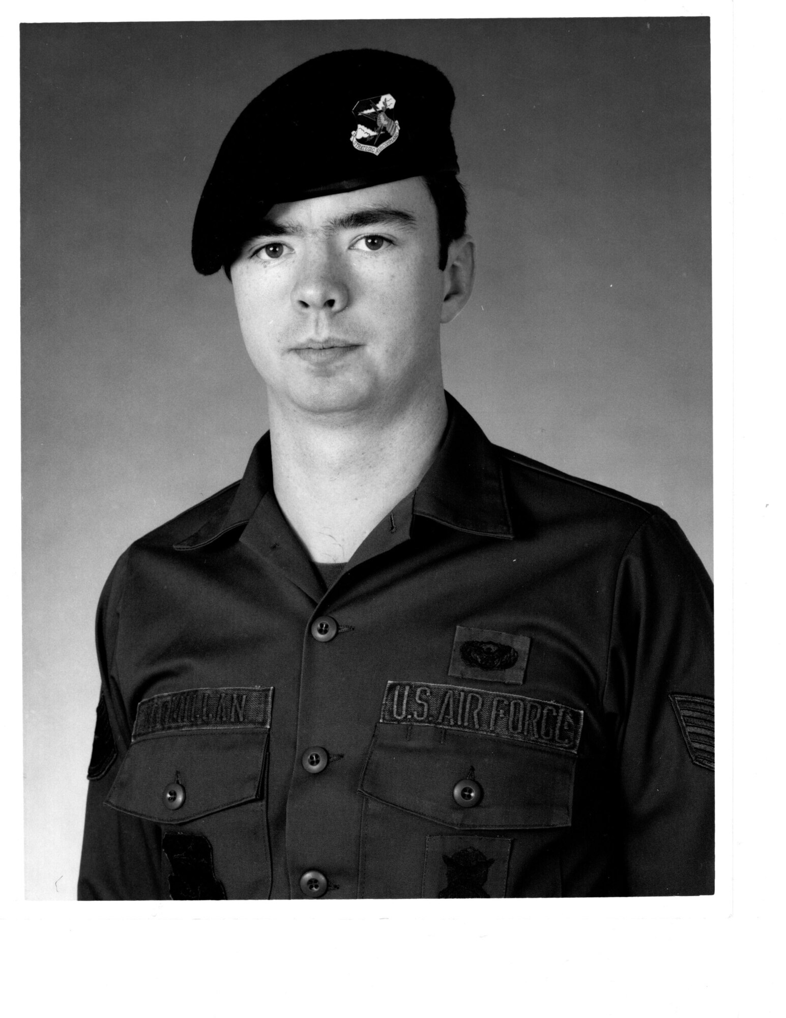 Donald MacMillan, 509th Security Forces Squadron chief of plans and programming, provides a photo of himself as an Airman during his active duty career at Whiteman Air Force Base, Mo. MacMillan retired from the Air Force as a Chief Master Sgt. and returned as a civilian employee to keep sharing his knowledge and experience with future generations of Airmen.