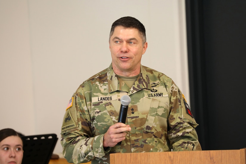 Maj. Gen. Mark Landes, Acting Commanding General, First Army, presides over the relinquishment of Command ceremony for Brig. Gen. Richard Corner, outgoing commander, 85th U.S. Army Reserve Support Command (USARSC) on Friday, March 1, 2024, in Arlington Heights, Illinois.