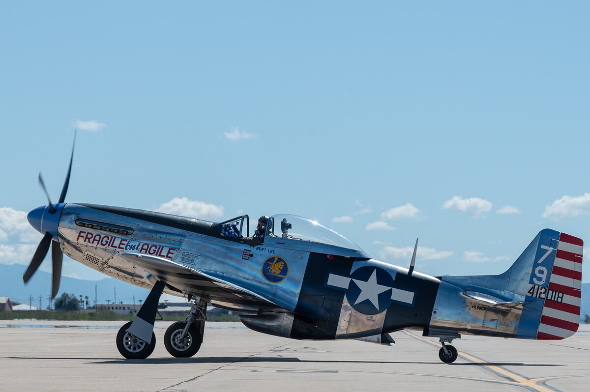 A P-51 Mustang aircraft returns from flying during the Heritage Flight Training Course at Davis-Monthan Air Force Base, Ariz., Feb. 29, 2024. The Air Force Heritage Flight Foundation celebrates U.S. air power history by providing 50-70 annual Heritage Flight demonstrations around the world. (U.S. Air Force photo by Airman 1st Class Jasmyne Bridgers-Matos)