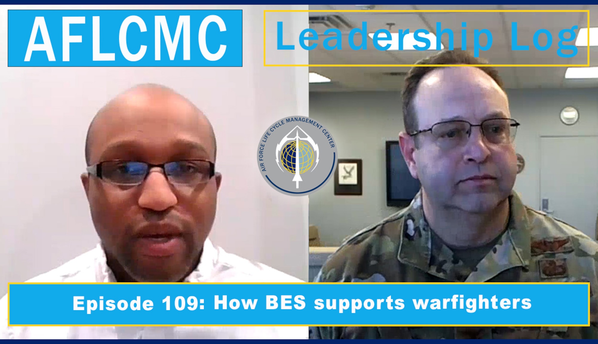 A thumbnail graphic for AFLCMC's "Leadership Log" podcast, episode 109.