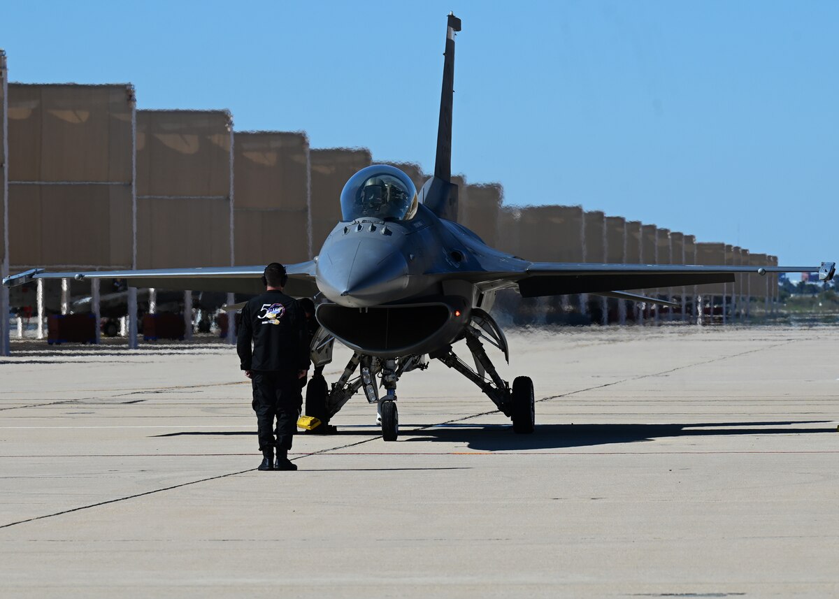 An F-16 Fighting Falcon aircraft preps for take off during the Heritage Flight Training Course at Davis-Monthan Air Force Base, Ariz., Feb. 29, 2024. The F-16 was one of Air Combat Command’s four demonstration teams. (U.S. Air Force photo by Staff Sgt. Abbey Rieves)