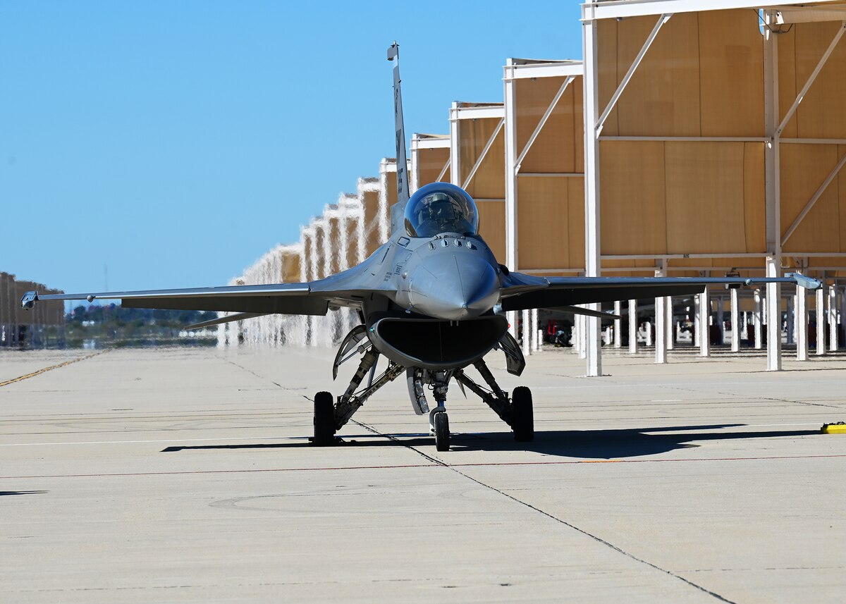 An F-16 Fighting Falcon aircraft preps for take off during the Heritage Flight Training Course at Davis-Monthan Air Force Base, Ariz., Feb. 29, 2024. The F-16 was one of Air Combat Command’s four demonstration teams. (U.S. Air Force photo by Staff Sgt. Abbey Rieves)