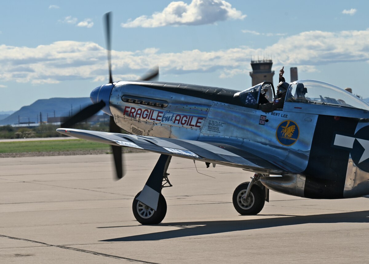 A P-51 Mustang aircraft taxis during the Heritage Flight Training Course at Davis-Monthan Air Force Base, Ariz., Feb. 29, 2024. The P-51 was a fighter aircraft during World War II. (U.S. Air Force photo by Staff Sgt. Abbey Rieves)