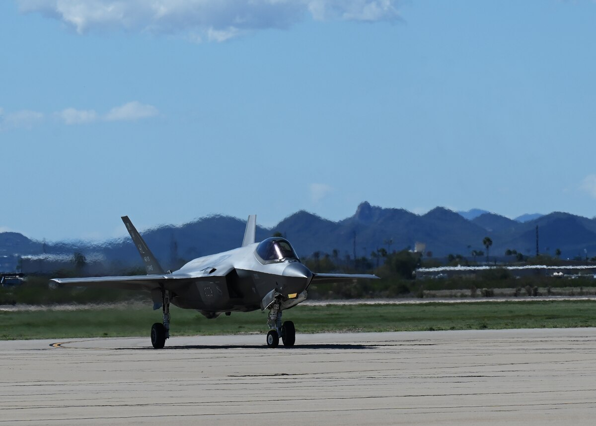 An F-35A Lightning II aircraft taxis during the Heritage Flight Training Course at Davis-Monthan Air Force Base, Ariz., Feb. 29, 2024. HFTC was a five day event that trained Air Combat Command’s four aerial demonstration teams. (U.S. Air Force photo by Staff Sgt. Abbey Rieves)