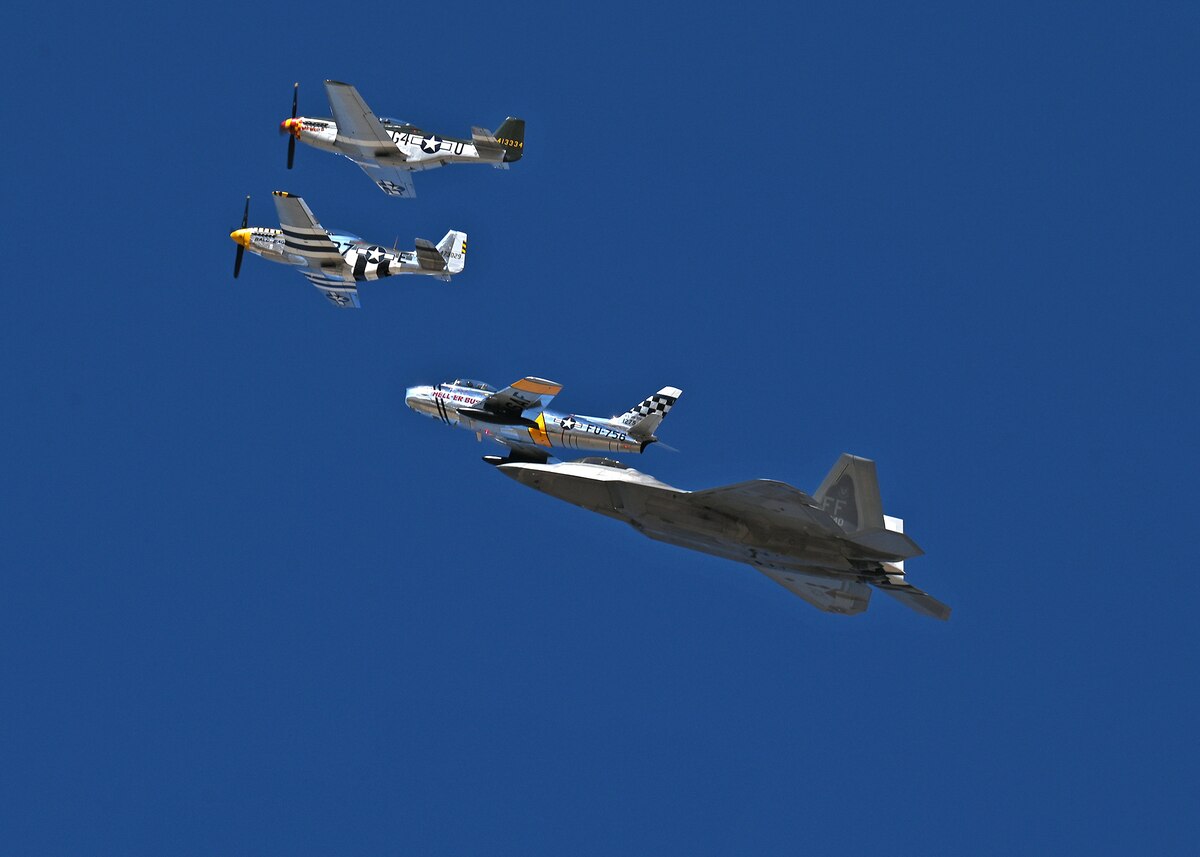 An F-35A Lightning II aircraft, two P-51 Mustang aircraft and an F-86 Sabre aircraft fly in formation during the Heritage Flight Training Course at Davis-Monthan Air Force Base, Ariz., March 1, 2024. The annual HFTC was hosted at Davis-Monthan AFB. (U.S. Air Force photo by Staff Sgt. Abbey Rieves)
