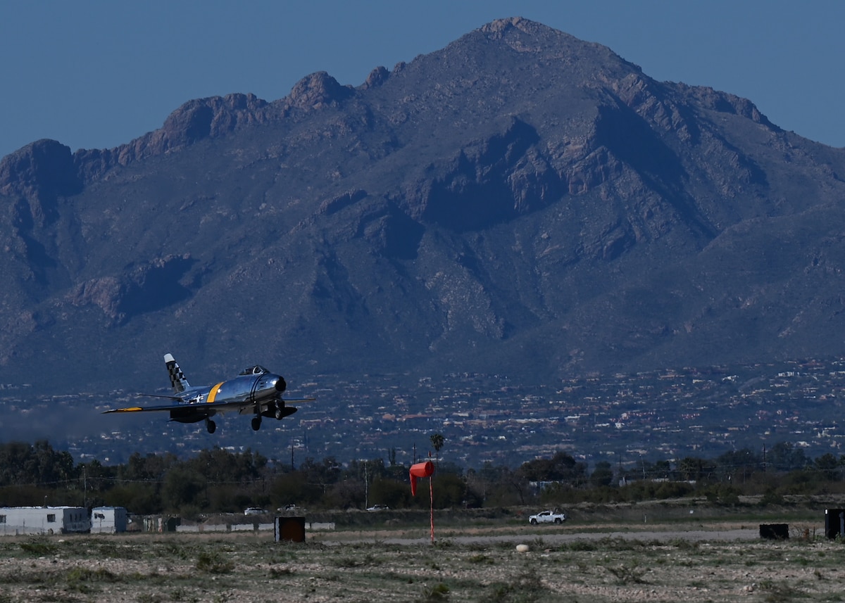 n F-86 Sabre aircraft takes off during the Heritage Flight Training Course at Davis-Monthan Air Force Base, Ariz., March 1, 2024. The F-86 was a fighter aircraft that destroyed nearly 800 MiG 15s during the Korean War. (U.S. Air Force photo by Staff Sgt. Abbey Rieves)