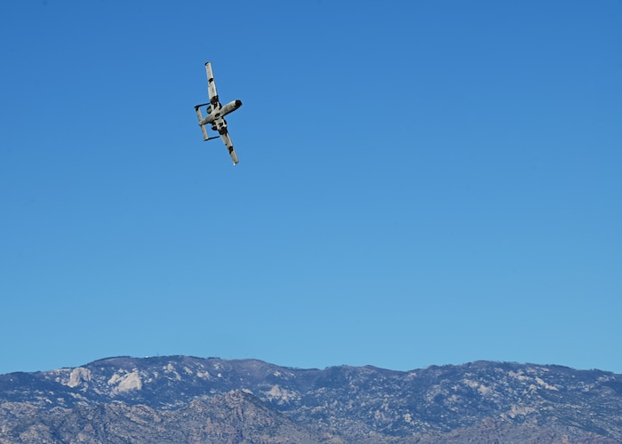 An A-10 Thunderbolt II aircraft soars during the Heritage Flight Training Course at Davis-Monthan Air Force Base, Ariz., March 2, 2024. HFTC was a five day event that trained Air Combat Command’s four aerial demonstration teams. (U.S. Air Force photo by Staff Sgt. Abbey Rieves)
