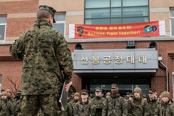 U.S. Marine Corps Maj. Todd Sturgill, the company commander for Headquarters Company, Headquarters Battalion, 1st Marine Division, speaks to Marines about building a combined command post in preparation for Freedom Shield 24 in Pohang, South Korea, Feb. 25, 2024. FS 24 is a defense-oriented exercise designed to strengthen the ROK-U.S. Alliance, enhance the combined defense posture, and further strengthen security and stability on the Korean peninsula. Sturgill is a native of Virginia. (U.S. Marine Corps photo by Staff Sgt. Amanda R. Taylor)