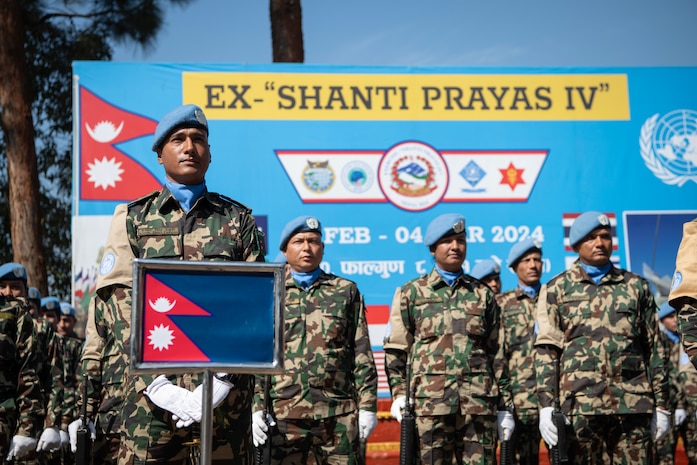 Nepali soldiers participate in the closing ceremony of Exercise Shanti Prayas IV at the Birendra Peace Operations Centre parade field on March 4, 2024. Shanti Prayas IV is a multinational peacekeeping exercise sponsored by the Nepali Army and U.S. Indo-Pacific Command and is the latest in a series of exercises designed to support peacekeeping operations. (U.S. Marine Corps photo by Lance Cpl John Hall)