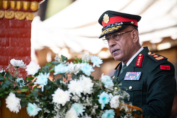 Chief of Nepali Army Staff, General Prabhu Ram Sharma, gives his closing remarks during the closing ceremony of Exercise Shanti Prayas IV at the Birendra Peace Operations Centre parade field on March 4, 2024. Shanti Prayas IV is a multinational peacekeeping exercise sponsored by the Nepali Army and U.S. Indo-Pacific Command and is the latest in a series of exercises designed to support peacekeeping operations. (U.S. Marine Corps photo by Lance Cpl John Hall)