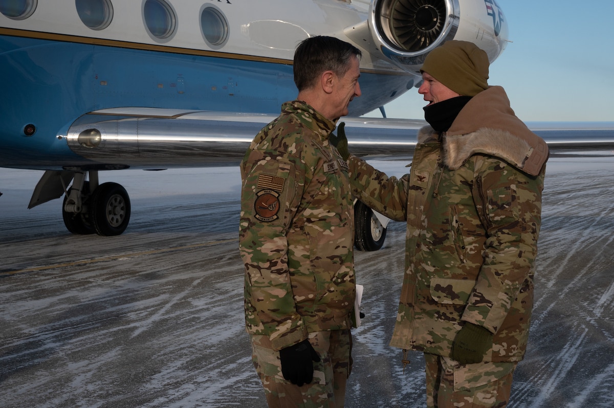 U.S. Air Force Gen. Kevin Schneider (left), Pacific Air Forces commander, is greeted by Col. Paul Townsend (right), 354th Fighter Wing commander at Eielson Air Force Base, Alaska, Feb. 29, 2024. Schneider visited with Airmen across the installation to discuss the quality of life on station and learn more about the unique challenges Airmen and families face while being stationed in Alaska. (U.S. Air Force photo by Airman Spencer Hanson)