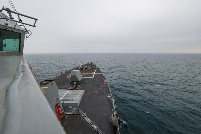 TAIWAN STRAIT (March 5, 2024) The Arleigh Burke-class guided-missile destroyer USS John Finn (DDG 113) conducts routine operations during a transit through the Taiwan Strait, March 5. John Finn is forward-deployed and assigned to Destroyer Squadron (DESRON) 15, the Navy’s largest DESRON and the U.S. 7th Fleet’s principal surface force. (U.S. Navy photo by Mass Communication Specialist 2nd Class Justin Stack)