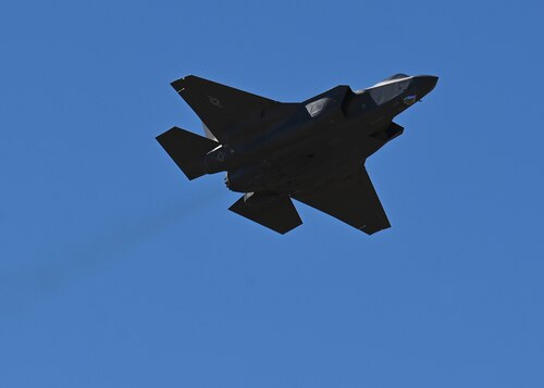 An F-35A Lightning II aircraft demonstrates airpower during the Heritage Flight Training Course at Davis-Monthan Air Force Base, Ariz., March 2, 2024. The F-35A was the U.S. Air Force’s latest fifth-generation fighter. (U.S. Air Force photo by Staff Sgt. Abbey Rieves)