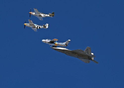 An F-35A Lightning II aircraft, two P-51 Mustang aircraft and an F-86 Sabre aircraft fly in formation during the Heritage Flight Training Course at Davis-Monthan Air Force Base, Ariz., March 1, 2024. The annual HFTC was hosted at Davis-Monthan AFB. (U.S. Air Force photo by Staff Sgt. Abbey Rieves)