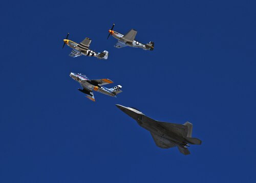 n F-35A Lightning II aircraft, two P-51 Mustang aircraft and an F-86 Sabre aircraft fly in formation during the Heritage Flight Training Course at Davis-Monthan Air Force Base, Ariz., March 1, 2024. The annual HFTC was hosted at Davis-Monthan AFB. (U.S. Air Force photo by Staff Sgt. Abbey Rieves)