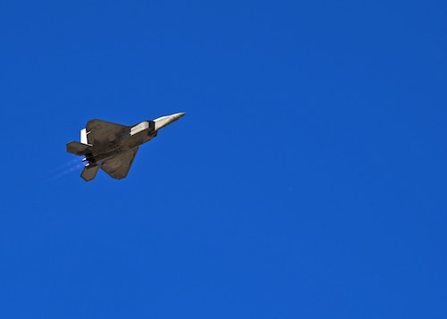 An F-35A Lightning II aircraft flies during the Heritage Flight Training Course at Davis-Monthan Air Force Base, Ariz., March 1, 2024. The F-35A was certified during HFTC by Air Combat Command’s commander. (U.S. Air Force photo by Staff Sgt. Abbey Rieves)