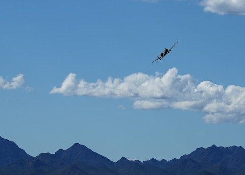 An A-10 Thunderbolt II aircraft flies during the Heritage Flight Training Course at Davis-Monthan Air Force Base, Ariz., Feb. 29, 2024. The A-10 was designed for the close air support mission, airborne forward air control and combat search and rescue. (U.S. Air Force photo by Staff Sgt. Abbey Rieves)