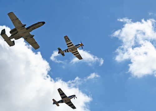 An A-10 Thunderbolt II aircraft and two P-51 Mustang aircraft fly in formation during the Heritage Flight Training Course at Davis-Monthan Air Force Base, Ariz., Feb. 29, 2024. Air Force Heritage Flight Foundation celebrates U.S. air power history and serves as a living memorial to those who have served in the U.S. Air Force by providing 50-70 annual Heritage Flight demonstrations around the world. (U.S. Air Force photo by Staff Sgt. Abbey Rieves)