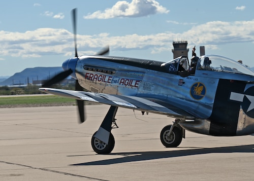 A P-51 Mustang aircraft taxis during the Heritage Flight Training Course at Davis-Monthan Air Force Base, Ariz., Feb. 29, 2024. The P-51 was a fighter aircraft during World War II. (U.S. Air Force photo by Staff Sgt. Abbey Rieves)