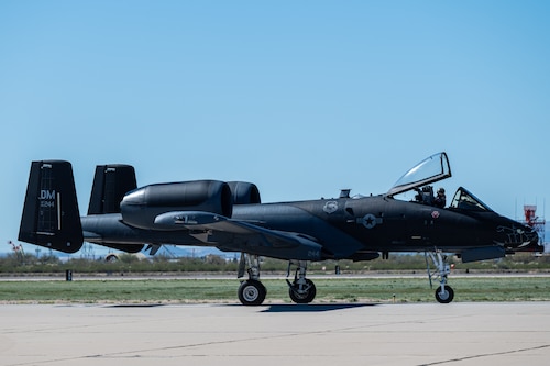 An A-10C Thunderbolt II aircraft taxis on the flightline during the Heritage Flight Training Course at Davis-Monthan Air Force Base, Ariz., March 3, 2024. The A-10 was assigned to the A-10C Thunderbolt II Demonstration Team, which is one of four single-ship demonstration teams within Air Combat Command, who travel across the United States, as well as internationally, to highlight the combat capabilities of the A-10 and the U.S. Air Force. (U.S. Air Force photo by Airman 1st Class Jasmyne Bridgers-Matos)