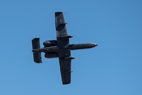 An A-10C Thunderbolt II aircraft flies over Davis-Monthan Air Force Base, Ariz., March 2, 2024. The A-10 was assigned to the A-10C Thunderbolt II Demonstration Team, which is one of four single-ship demonstration teams within Air Combat Command, who travel across the United States, as well as internationally, to highlight the combat capabilities of the A-10 and the U.S. Air Force. (U.S. Air Force photo by Airman 1st Class Jasmyne Bridgers-Matos)