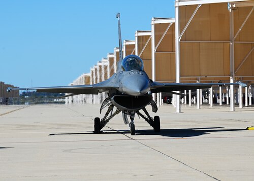 An F-16 Fighting Falcon aircraft preps for take off during the Heritage Flight Training Course at Davis-Monthan Air Force Base, Ariz., Feb. 29, 2024. The F-16 was one of Air Combat Command’s four demonstration teams. (U.S. Air Force photo by Staff Sgt. Abbey Rieves)
