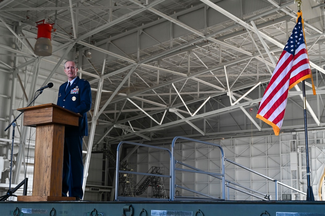Col. Thomas Albrecht speaks during an assumption of command ceremony at Joint Base San Antonio-Lackland, Texas, March 2, 2024