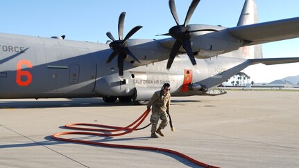 California Air National Guard C-130J being prepared for deployment to Texas to assist in fighting a massive wildfire in that state March 4, 2024.