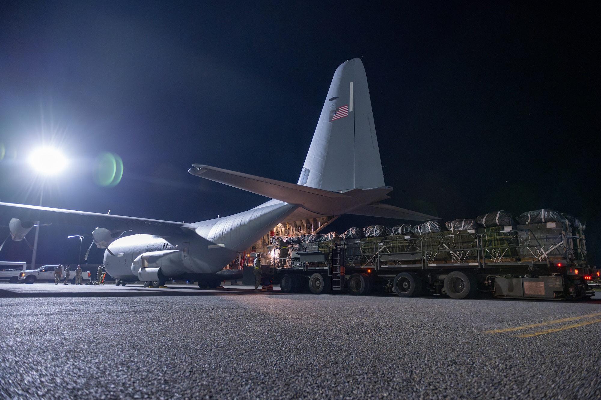 A C-130J Super Hercules is loaded with humanitarian aid destined for an airdrop over Gaza.