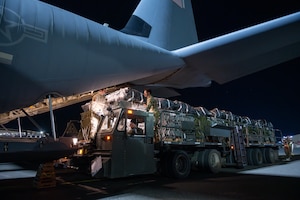 A C-130J Super Hercules is loaded with humanitarian aid destined for an airdrop over Gaza.