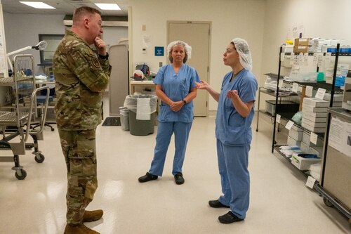 Chief Master Sgt. Chad Bickley, command chief for Air Education and Training Command, visits with personnel from the 42nd Medical Group at Maxwell Air Force Base, Alabama, Feb. 22, 2024. Bickley spent his time during the visit engaging with Airmen from units across the installation, all of whom play pivotal roles in the success of the 42nd Air Base Wing’s mission. (U.S. Air Force photo by Senior Airman Evan Porter)