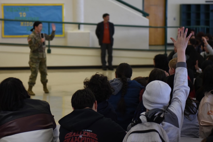 Lt. Col. KingSlack speaking at Sunridge Middle School.