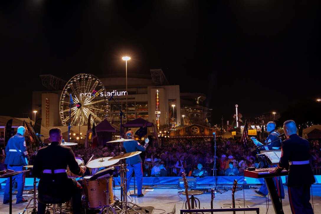 The Marine Forces Reserve Rock Band performs at the Houston Livestock Show and Rodeo in Houston, Texas.