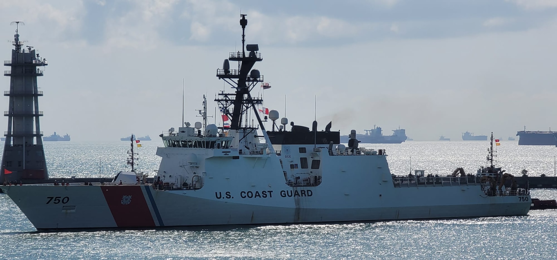 U.S. Coast Guard Cutter Bertholf (WMSL 750) arrives at Changi Naval Base in Singapore, Feb. 25, 2024. The Bertholf is a 418-foot National Security Cutter currently deployed to the Indo-Pacific region under the tactical control of U.S. 7th Fleet. (U.S. Coast Guard photo by Cmdr. Trevor Parra)