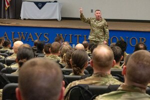 Chief Master Sgt. Chad Bickley, Command Chief for Air Education and Training Command, provides a Change in Mindset briefing at Maxwell Air Force Base, Alabama, Feb. 22, 2024. The Change in Mindset initiative emphasizes the significance of adaptability and innovation in the rapidly evolving military operations landscape. The briefing aims to instill a collective mindset shift, encouraging Airmen to embrace change and excel in dynamic environments. (U.S. Air Force photo by Senior Airman Evan Porter)